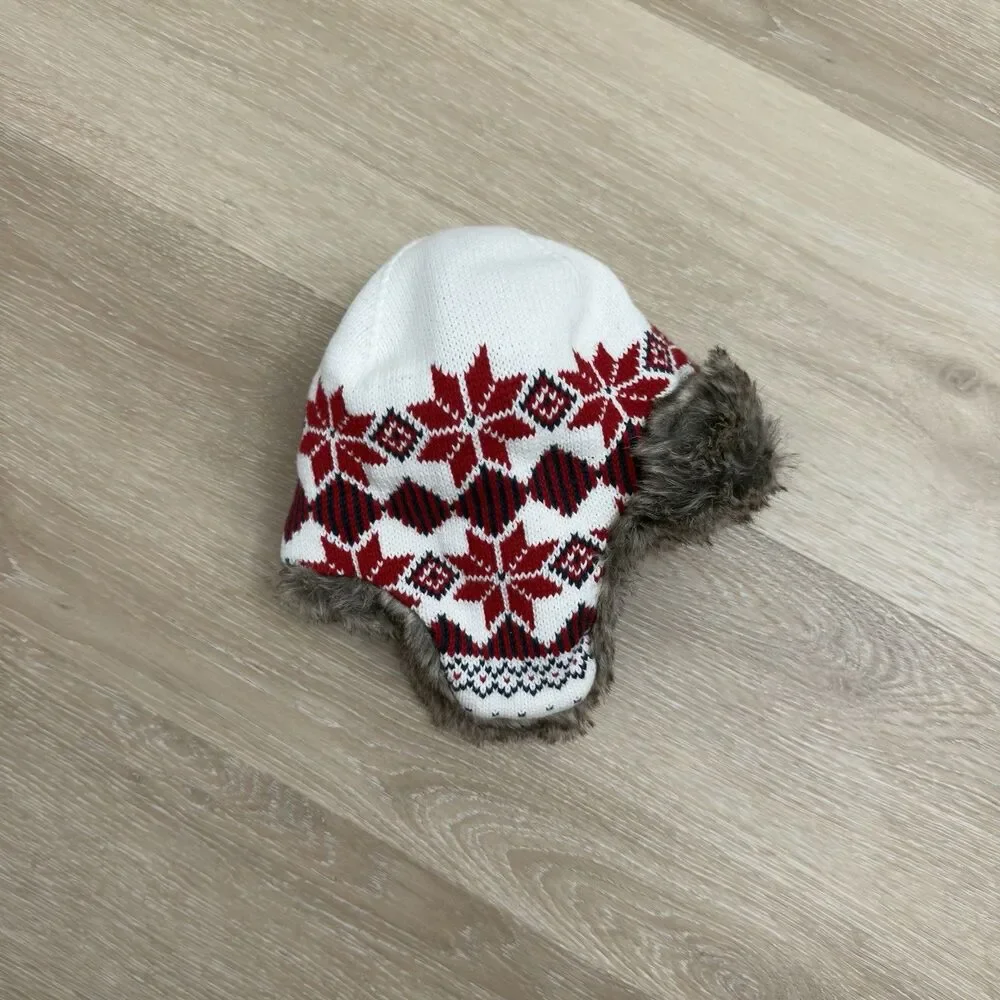 Janie & Jack Fair Isle Trapper Hat Faux Fur Knit Beanie 12-24M Holiday Red White